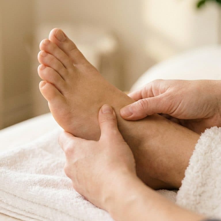 Therapist applying focused thumb pressure to reflex points on a client's foot