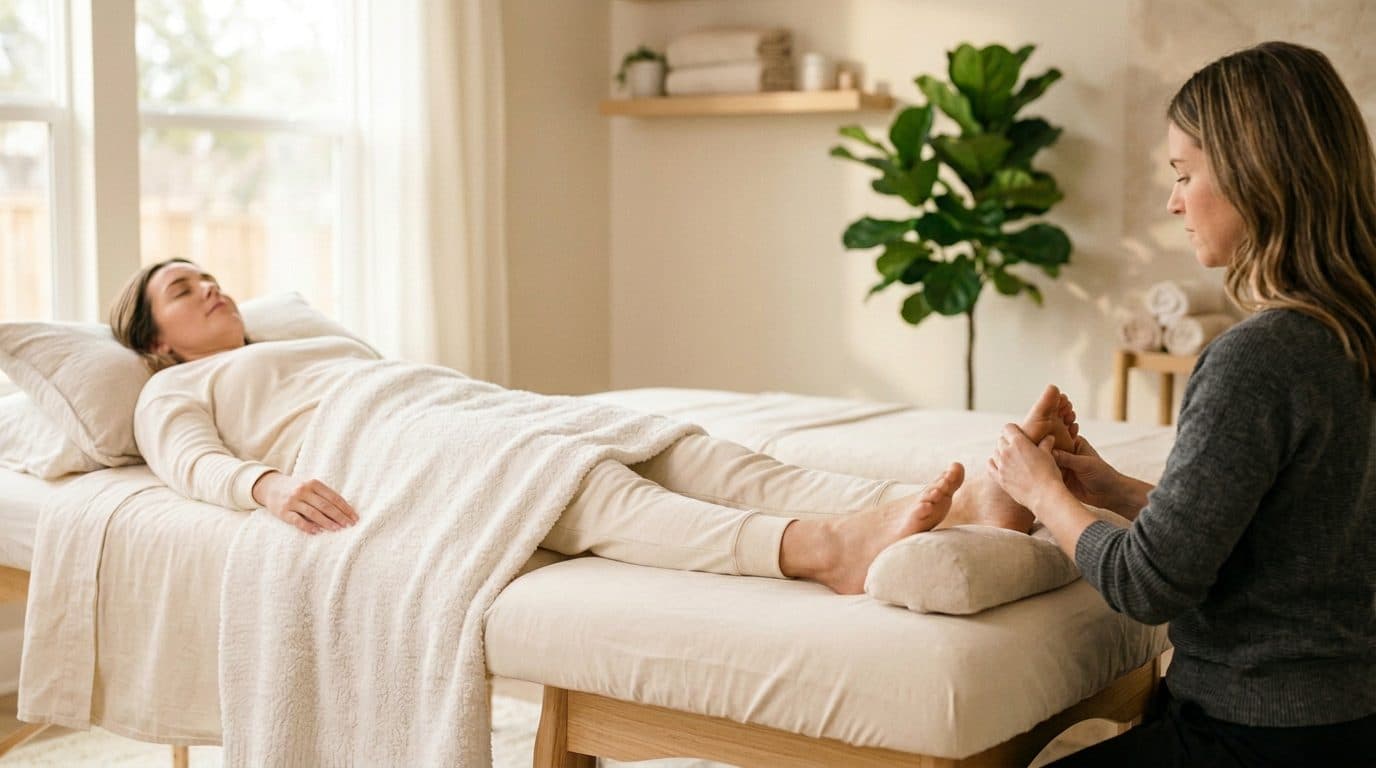 Client lying fully clothed on a treatment table while a therapist gives a foot reflexology treatment