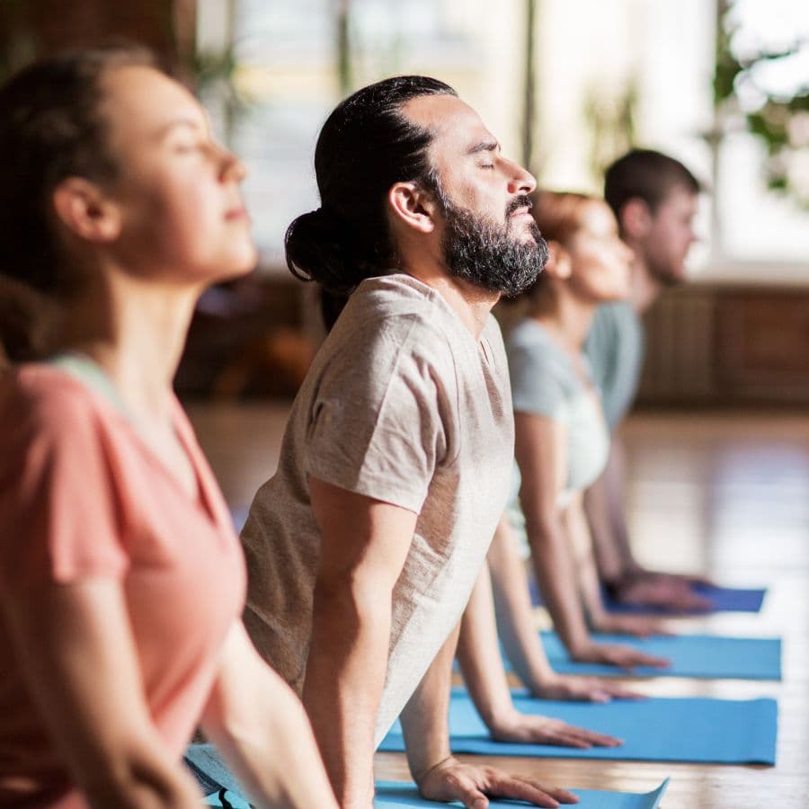 Students in cobra pose in a bright yoga studio