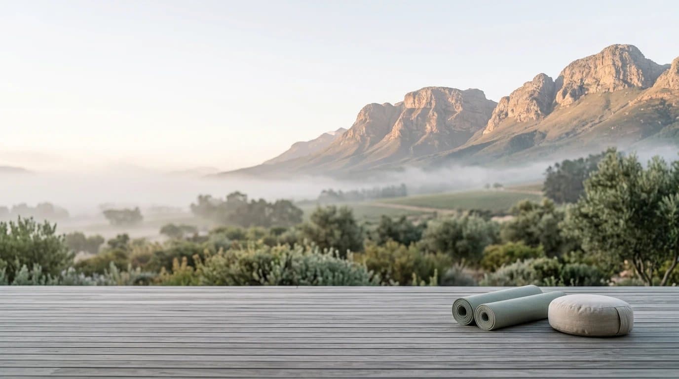 Yoga mats and a meditation cushion on a deck overlooking misty mountains in the Western Cape